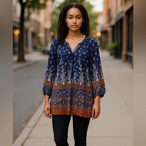 ARTISAN NY floral navy blue womens blouse lightweight flowy XL rayon